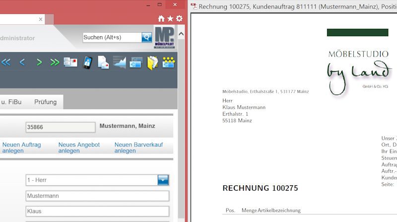 PROXESS Möbelpilot Integration Ansicht Kundenstamm mit Rechnung