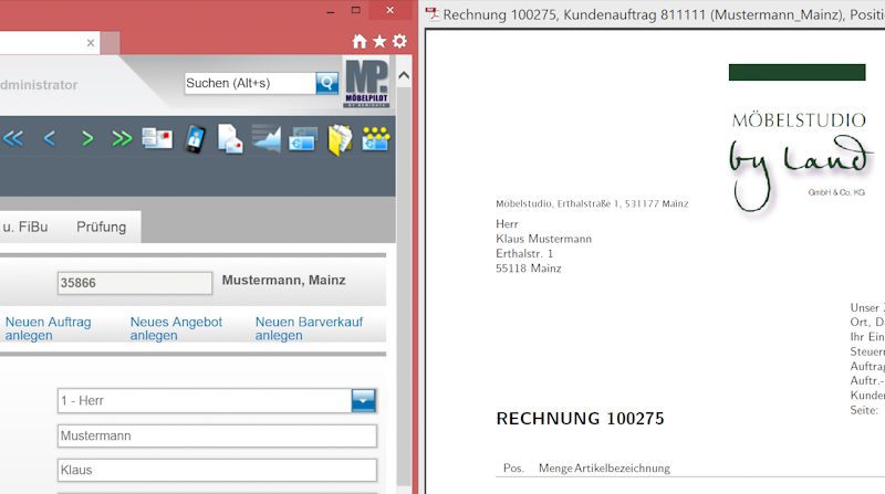 PROXESS Möbelpilot Integration Ansicht Kundenstamm mit Rechnung