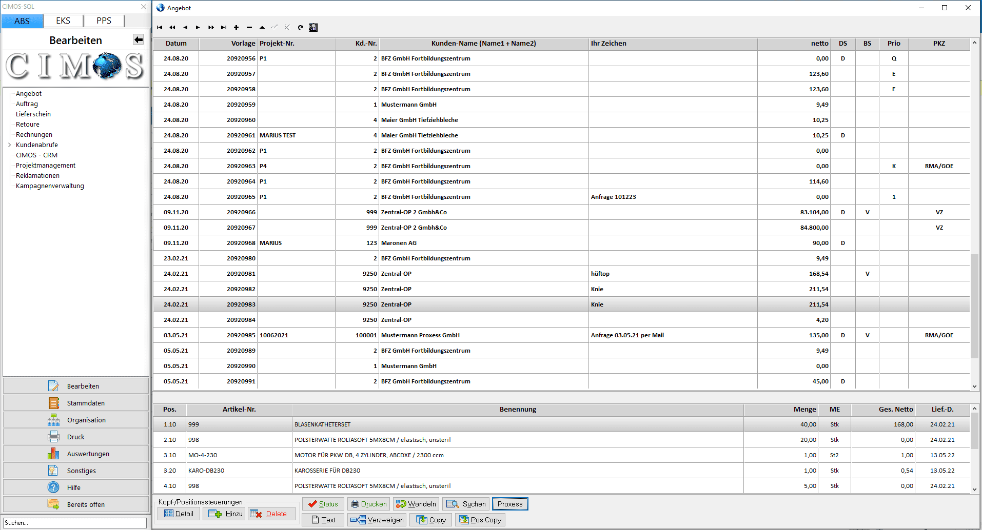 proxess integration in cimos erp screenshot